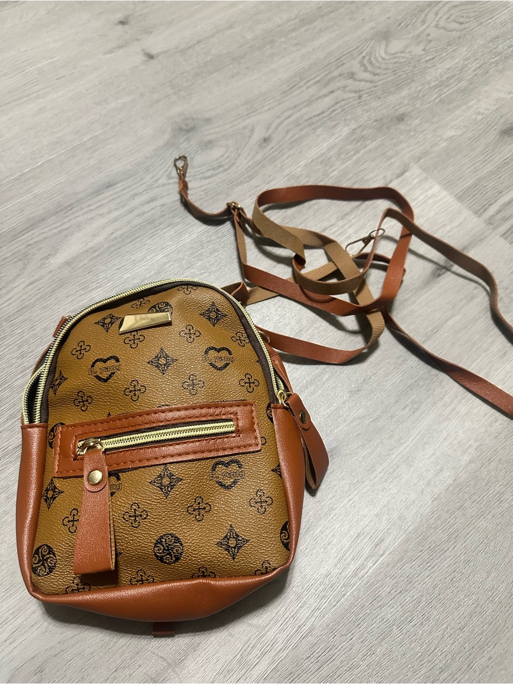 Women's Brown Monogram Crossbody Backpack - Stylish Tan Accent